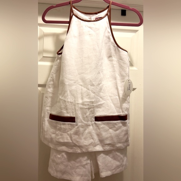 Staud Matheo Linen Leather Trim Romper in White Whiskey NWT - Picture 1 of 14